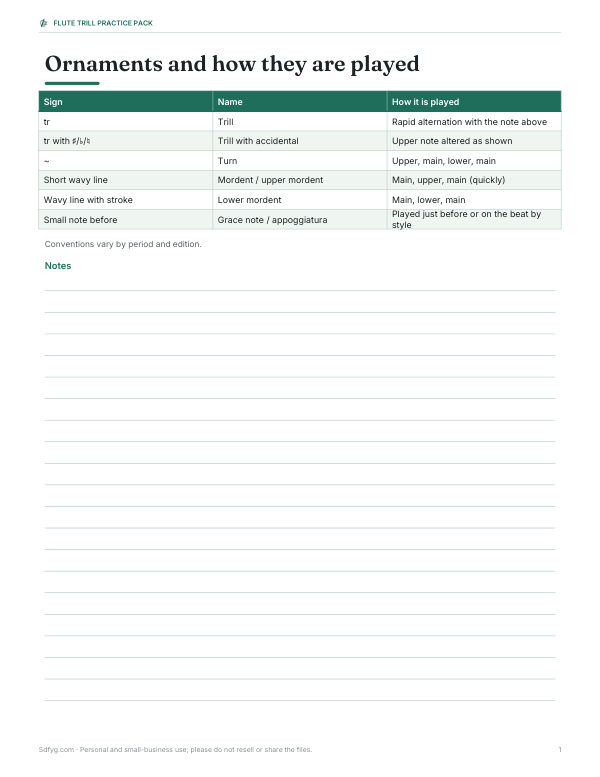 Preview of Printable Flute Trill Chart