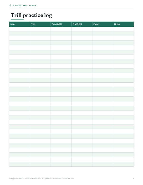 Preview of Printable Flute Trill Practice Log